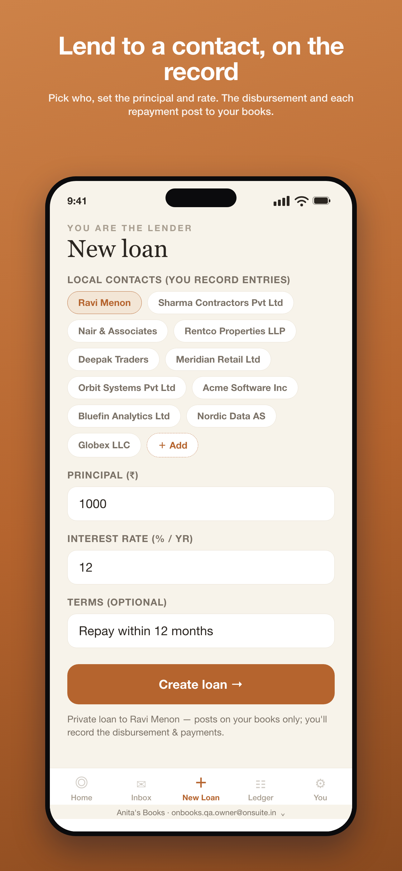 Phone โ New loan: pick the contact, set principal and rate; the disbursement and each repayment post to your books
