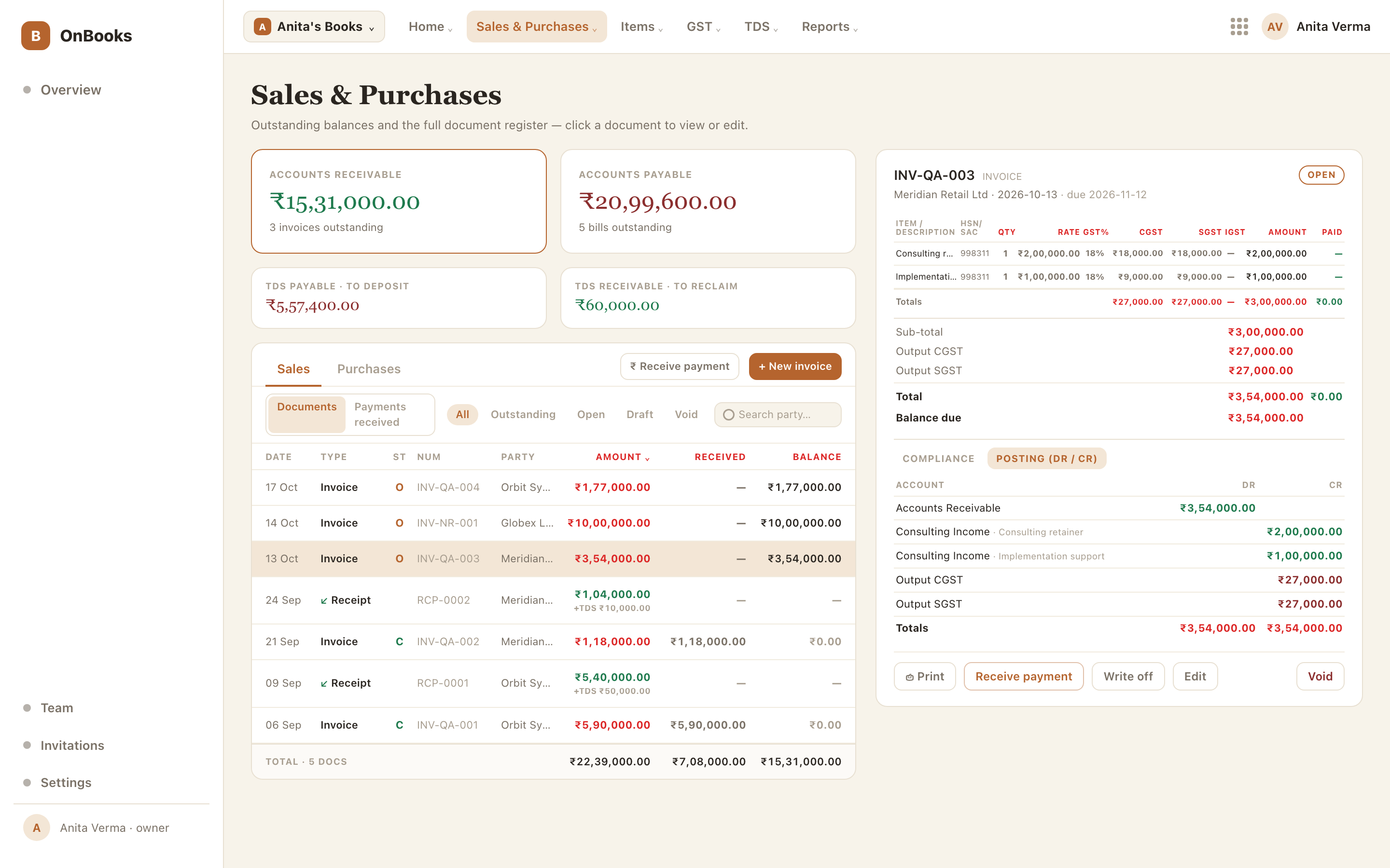 Sales & Purchases โ the sales register with invoices and receipts, and an invoice open with its GST split and posting legs